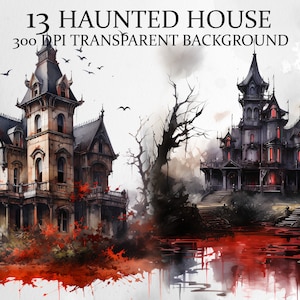 Paquete de 13 imágenes prediseñadas de casas embrujadas, mansión espeluznante, imágenes de estilo gótico, diseño gráfico de novela de imágenes prediseñadas aterradoras con temática de Halloween