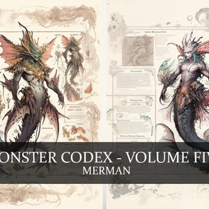 9 páginas Monster Codex Volumen cinco, Monster Bestiary Vol 5, 9 PNG Merman Bestiary Fantasy Codex