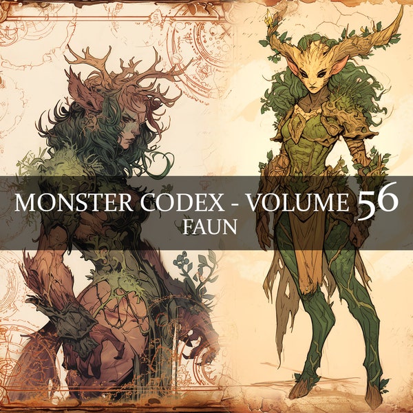 27 Page Monster Codex Volume 56, Monster Bestiary Vol 56, 27 JPG Fey Faun Bestiary Fantasy Codex Junk Journal Satyr, Woodland Fey Codex