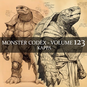 7 pages Monster Codex Volume 123, Monster Bestiaire Vol 123, 7 JPG Kappa Bestiaire Fantasy Codex, accessoire de GN grimoire guerrière tortue