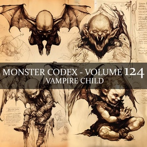 12 Página Monster Codex Volumen 124, Monster Bestiary Vol 124, 12 JPG Vampiro Niño Bestiario Fantasía Codex Junk Journal Vampire Kid LARP Prop