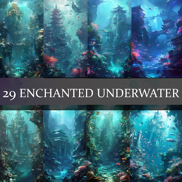 29 Underwater Kingdom clipart, Enchanted Underwater Digital Landscape Water Castle clipart, Fantasy Water Kingdom Landscape, Undersea Castle