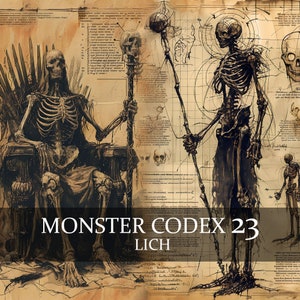 16 Seite Monster Codex Volume 23, Lich Monster Bestiary Vol 23, 16 JPG Untoter Magier Bestiary Fantasy Codex, Skelett Magier LARP Prop