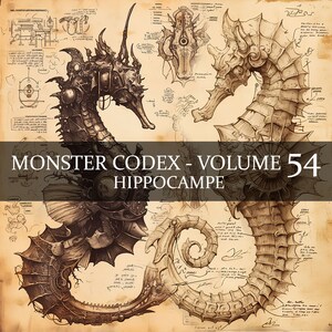 10 páginas Monster Codex Volumen 54, Monster Bestiary Vol 54, 10 JPG Hippocampe Bestiary Fantasy Codex, Sea Horse Grimoire Junk Journal LARP