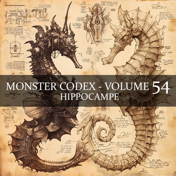 10 Page Monster Codex Volume 54, Monster Bestiary Vol 54, 10 JPG Hippocampe Bestiary Fantasy Codex, Sea Horse Grimoire Junk Journal LARP
