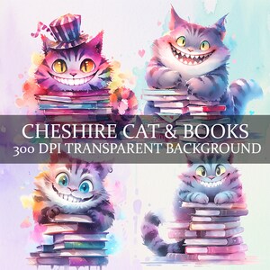 13 chat du Cheshire sur livres des cliparts, téléchargements numériques, chat du Cheshire livres Png Bundle
