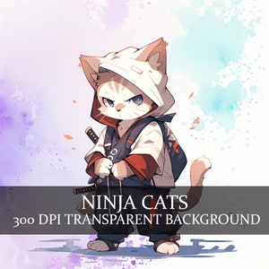 16 Ninja Cats clipart, Shinobi Cat png, Ninja Anime Cat clipart PNG Bundle