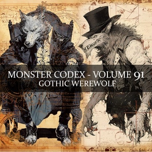 14 Página Monster Codex Volumen 91, Monster Bestiary Vol 91, 14 JPG Hombre Lobo Gótico Bestiario Fantasía Codex Grimoire Junk Journal LARP prop