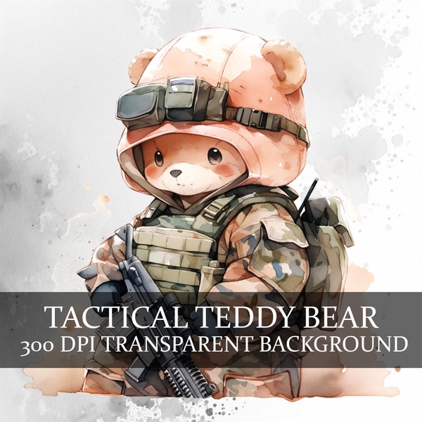 17 Watercolor Teddy Bear in a Tactical Suit PNG, Army Teddy Bear Digital Clipart, Teddy Bear in Army Suit Sublimation Wall art