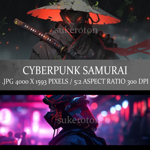 19 Cyberpunk Samurai Landscape Wallpaper, Cyborg Samurai Desktop Wallpaper, Cyber Samurai Wall Art, Robot Samurai, Dystopia Wallpaper