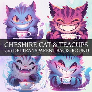 12 Cheshire Cat Clipart PNG, Cheshire Cat Tea Cup Clipart Bundle, Through the Looking Glass Fantasy Magic Cat PNG, Cheshire Cat Tea Party
