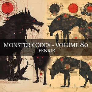 15 pages Monster Codex Volume 80, Monster Bestiaire Vol 80, 15 JPG Fenrir Bestiaire Fantasy Codex Junk Journal Fenrisúlfr GN Prop Loup géant