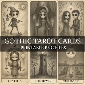 Major Arcana Tarot Cards Set – 22 Vintage Gothic Illustrations, Cute Creepy Tarot Deck PNGs for Print, Digital Witchy Aesthetic Clipart