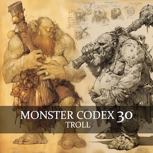 23 Página Monster Codex Volumen 30, Monster Bestiary Vol 30, 23 PNG Fey Troll Bestiario Fantasy Codex Junk Journal Mountain Troll, Troll Codex