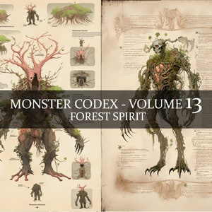 17 pagina Monster Codex Volume dertien, Monster Bestiary Vol 13, 17 JPG Forest Spirit Bestiary Fantasy Codex, Forest Elemental clipart
