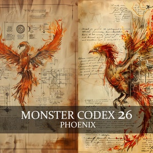 11 pages Monster Codex Volume 26, Monster Bestiaire Vol 26, 18 PNG Phoenix Bestiaire Fantasy Codex for Junk Journal, Fantasy Scrapbook Bundle