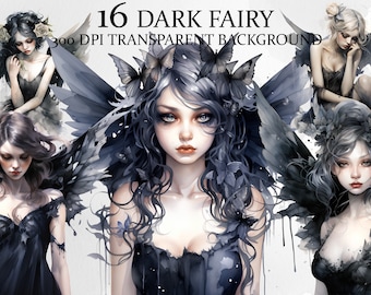 Watercolor Gothic Dark Fairies 16 PNG Bundle | Dark Fairy PNG | Dark Fairies PNG | Dark Fairies Clipart | Fantasy Fairy Png