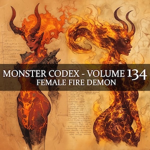Códice de monstruos de 14 páginas, volumen 134, Bestiario de monstruos, vol. 134, códice de fantasía Bestiario de demonios de fuego femeninos, Ifrit Grimoire Junk Journal LARP