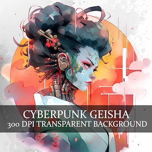 20 Cyberpunk Geisha, Cyberpunk Girl Clipart Pacote PNG, Cyborg Geisha, Cybernetic Geisha Clipart