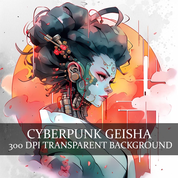 20 Cyberpunk Geisha, Cyberpunk Girl Clipart PNG Bundle, Cyborg Geisha, Cybernetic Geisha Clipart