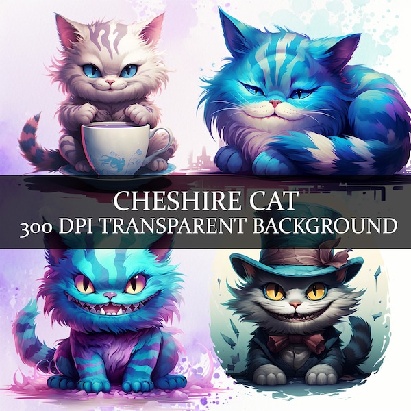 12 Cute Cheshire Cat Clipart PNG, Cheshire Cat Kitten Clipart Bundle, Magical Cat PNG Bundle Collection