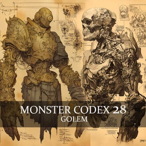 34 Página Monster Codex Volumen 28, Monster Bestiary Vol 28, 34 PNG Golem Bestiary Fantasy Codex Junk Journal Stone Golem, Mechanical Golem