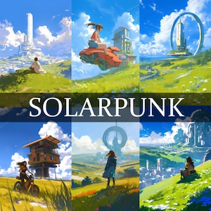 20 Sfondi Solarpunk, Clipart Casa Solarpunk, Pacchetto PNG Tecnologia Solarpunk, Cabina Solarpunk, Pacchetto Clipart Arte Cottage Solarpunk