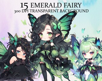Emerald Goth Girl Chibi Fairy Princess 15 PNG Clipart Bundle Green Goth Fairy Chibi Cute Clipart