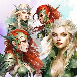 Watercolor Elf Clipart, Beautiful Elven Warrior PNG DnD RPG Game Character Art