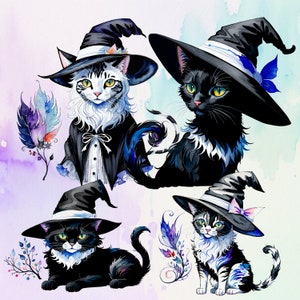 10 Witchy Cat Clipart PNG Bundle, Watercolor black cat PNG, Spooky cat clipart