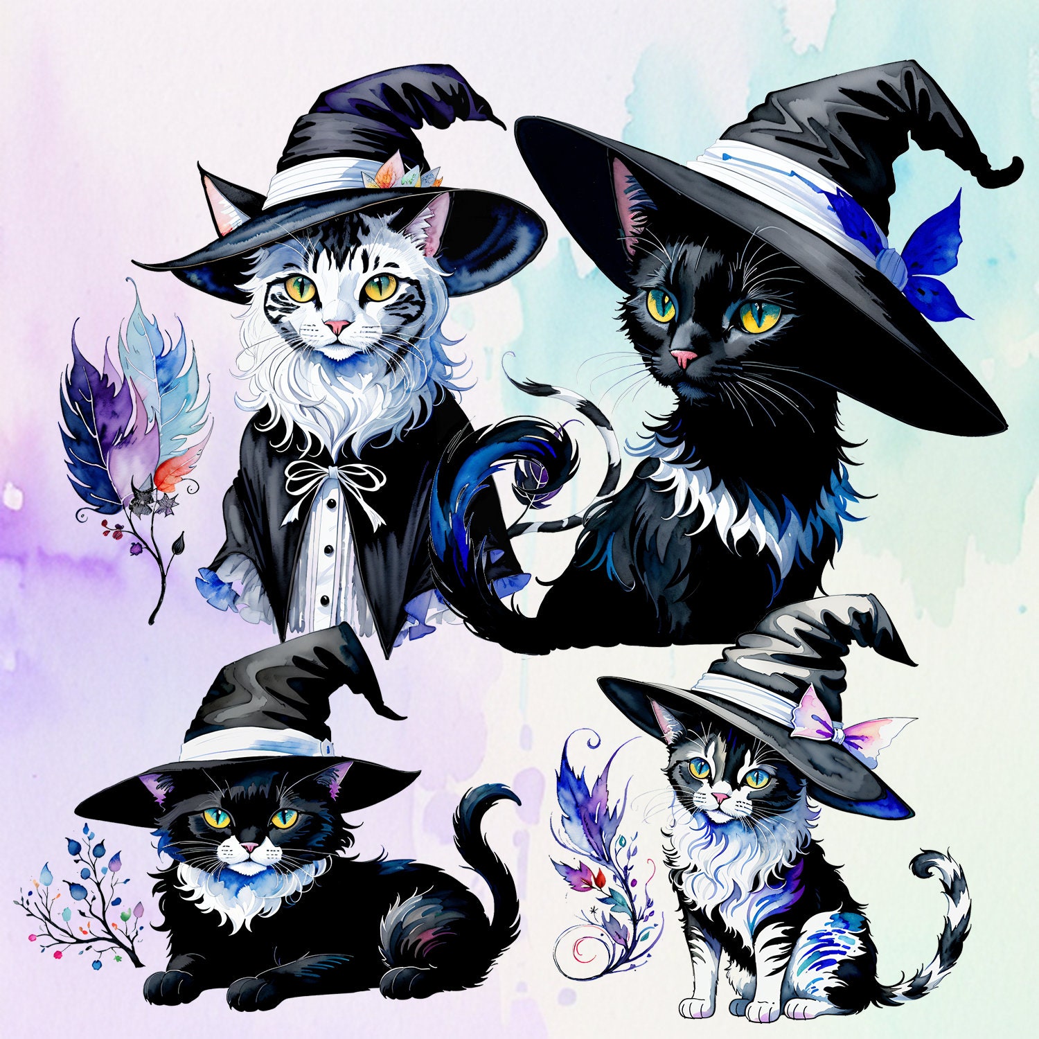 10 Witchy Cat Clipart PNG Bundle, Watercolor Black Cat PNG, Spooky Cat ...