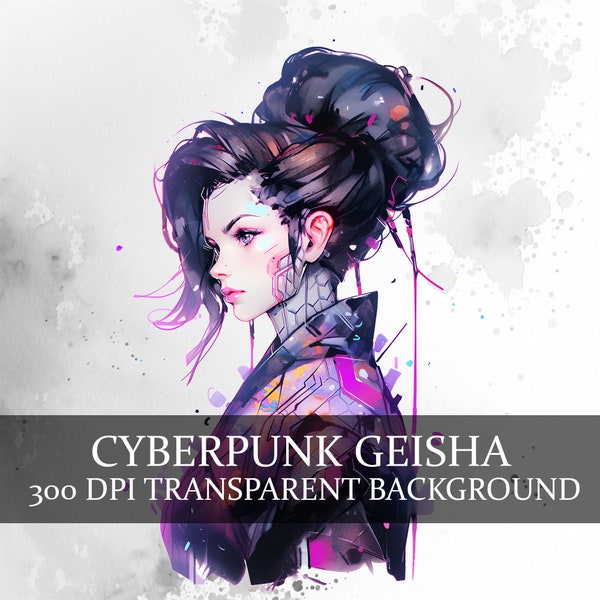 15 Cyberpunk Geisha, Cyberpunk Girl Clipart PNG Bundle, Cyborg Geisha, Cybernetic Geisha Clipart