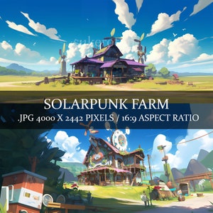 18 Solarpunk Farm Desktop Wallpaper 16:9 Beeldverhouding JPG, Solar Punk Home Clipart, Solarpunk tech, Solarpunk Cabin, Solarpunk Cottage Art