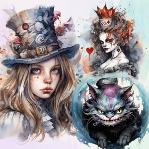 22 Enchanting Alice in Wonderland Watercolor Clipart, Through the Looking Glass Fantasy Grimm Fairy Tale PNG Collection