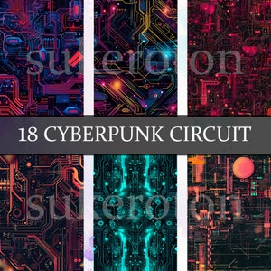 21 Cyberpunk Schaltung Seamless Pattern Bundle Digital Papers Printable, futuristische holografische Benutzeroberfläche PNG, Cyberpunk Schaltung Pattern