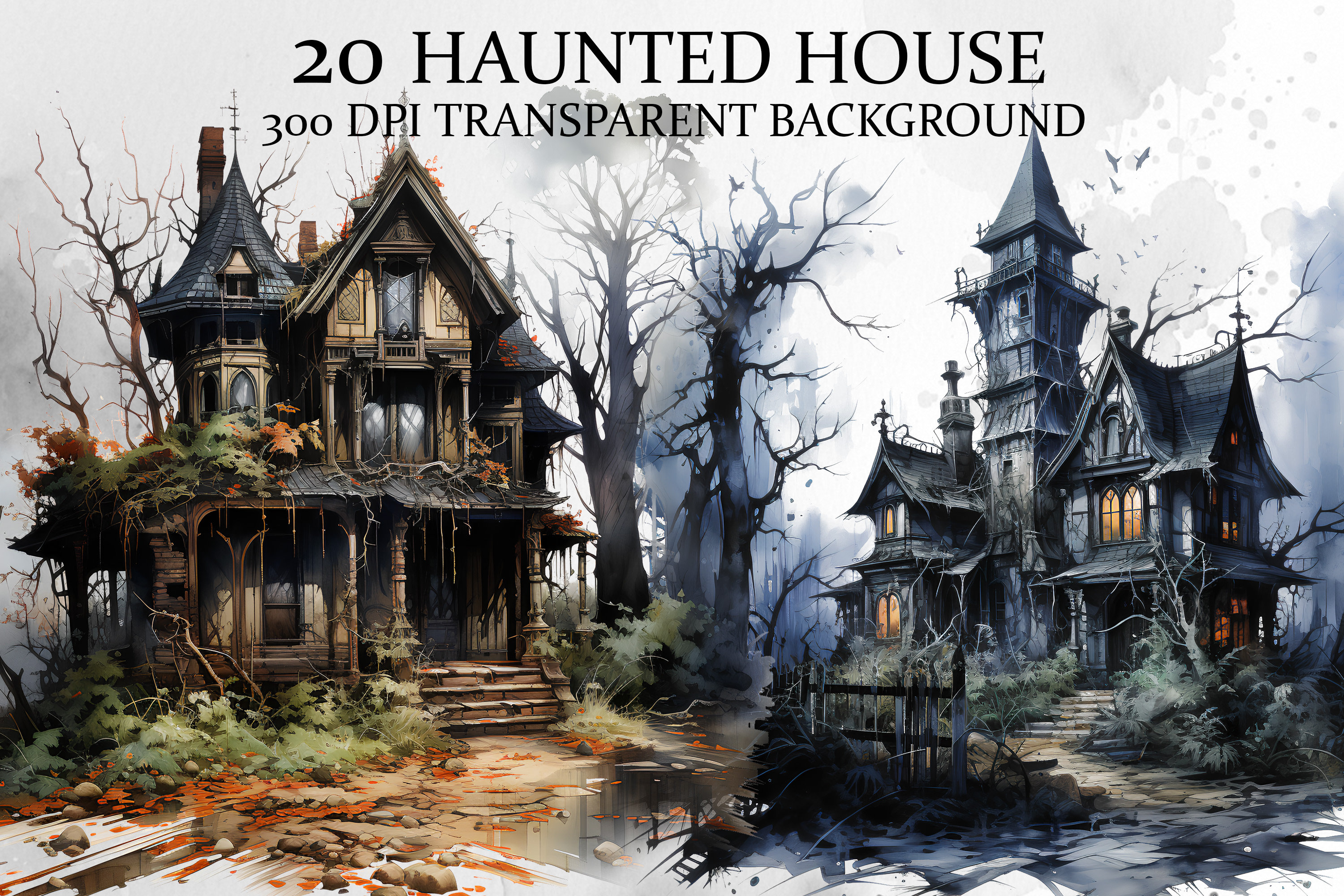20 Haunted House Clipart Bundle, Spooky Manor, Gothic style images, Halloween themed scary clipart novel graphic design