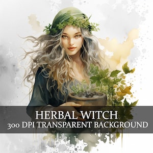 33 kruidenheks aquarel clipart bundel - groene heksen & kruidenkunst, geneeskrachtige planten