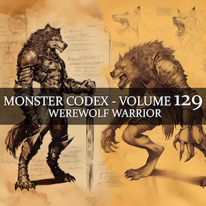 Códice de monstruos de 8 páginas, volumen 129, Bestiario de monstruos, vol. 129, códice de fantasía de bestiario de soldado hombre lobo de 8 páginas, códice de guerrero hombre lobo, accesorio LARP
