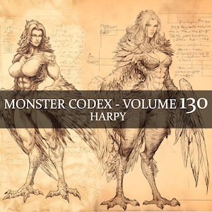 Códice de monstruos de 17 páginas, volumen 130, Bestiario de monstruos, vol. 130, códice de fantasía de bestiario de arpía femenina con 17 archivos JPG, diario basura de grimorio de chica pájaro, LARP
