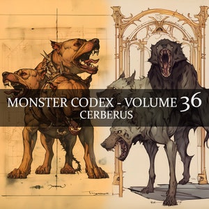 13 Página Monster Codex Volumen 36, Monster Bestiary Vol 36, 13 JPG Cerberus Bestiary Fantasy Codex, Cerebrus Clipart, Grimorio de sabueso de 3 cabezas