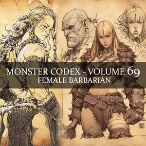 24 pages Monster Codex Volume 69, Monster Bestiaire Vol 69, 24 JPG Femme Barbare Bestiaire Fantasy Codex, Barbarian Junk Journal GN accessoire