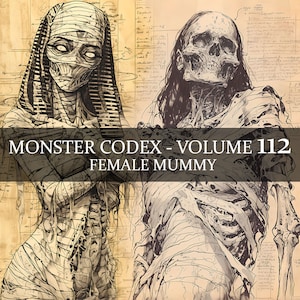 21 Página Monster Codex Volumen 112, Monster Bestiary Vol 112, 21 JPG Mujer Momia Bestiario Fantasía Codex, Momia Maldita Grimorio Momia Egipcia
