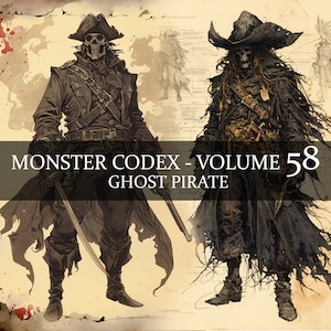 9 pages Monster Codex Volume 58, Monster Bestiaire Vol 58, 9 JPG Ghost Pirate Bestiaire Fantasy Codex Junk Journal Spectral Pirate GN Prop