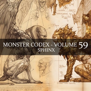 Códice de monstruos de 9 páginas, volumen 59, Bestiario de monstruos, vol. 59, 9 páginas en formato JPG, Códice de fantasía Bestiario de esfinge, diario basura, álbum de recortes de accesorios LARP de esfinge