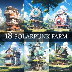 18 Solarpunk Farm Clipart PNG, Solar Punk Home Clipart, Solarpunk tech PNG Bundle, Solarpunk Cabin, Solarpunk Cottage Art Clipart Bundle