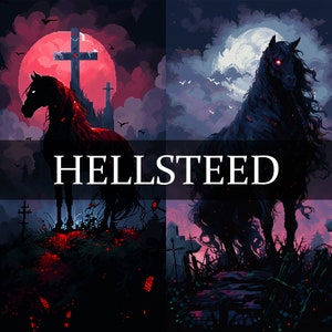 20 Hellsteed Clipart téléphone papier peint rapport hauteur/largeur 9:16, pixel art cheval noir, cheval Dark Fantasy, papier peint Clipart destrier spectral pixélisé
