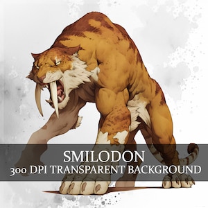Lot de 12 cliparts PNG Smilodon, tigre à dents de sabre PNG, lot de cliparts animaux préhistoriques chat à dents de sabre, clipart chat du Pléistocène
