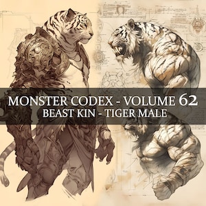 16 pages Monster Codex Volume 62, Monster Bestiaire Vol 62, 16 JPG Tiger Male Bestiaire Fantasy Codex, Chat Beastkin Grimoire Junk Journal