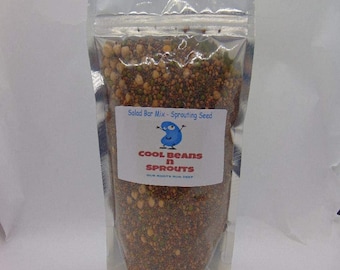 May include: A clear plastic bag filled with a variety of brown, beige, and green sprouting seeds. The bag has a label that reads "Salad Bar Mix - Sprouting Seed" and "Cool Beans n Sprouts Our Roots Run Deep".