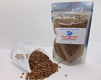 May include: A clear plastic bag filled with brown beet sprouting seeds. The bag has a white label with the text "Beets Sprouting Seed" and a blue and white logo that says "Cool Beans n Sprouts".